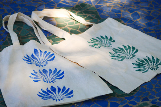 Hand-stamped lotus tote